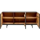 Holz Sideboard mit offenen Türen, sechs Fächern, schwarzer Oberfläche und Metallfüßen, modernes Design.
