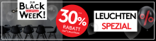 Banner zur Black Shopping Week mit 30% Rabatt auf Leuchten, schwarze Ballons, moderner Esstisch und Stühle.
