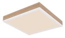 Quadratische LED-Deckenleuchte mit Holzrahmen und weißer Lichtfläche, moderne Wohnraumbeleuchtung.