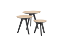 Drei runde Beistelltische aus Holz mit schwarzen Beinen, modernes Design, stapelbar, Wohnzimmermöbel.