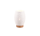 Weiße Keramik-Tischlampe mit geometrischem Muster und Holzfuß, leuchtend, modernes Wohnaccessoire.