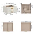 Weiße Schmuckbox mit goldenen Griffen, drei Schubladen, Fächern und Maßangaben zur Aufbewahrung von Schmuck.