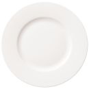 Weißer, runder Porzellanteller auf weißem Hintergrund, schlichtes Geschirr für Küche, Gastronomie oder Esstisch.
