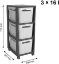 Schwarzes Regal mit drei weißen Schubladen, 16 Liter Volumen, auf Rollen, Maße: 770x366x296 mm.