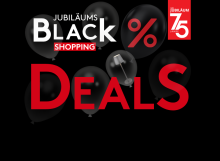 Jubiläums Black Shopping Deals mit schwarzen Luftballons, rotem Prozentzeichen und 75 Jahre Jubiläum Banner.