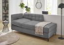 Graues Schlafsofa im modernen Wohnzimmer mit Decke, Pflanzen, Stehlampe und Tageslicht am Fenster.