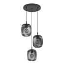 Moderne schwarze Pendelleuchte mit drei Lampenschirmen aus Metall, ideal für Wohnzimmer oder Esszimmer.