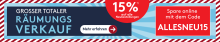 Banner mit Text „Großer Räumungsverkauf, 15% Rabatt auf Neubestellungen, Code: ALLESNEU15, jetzt online sparen“.