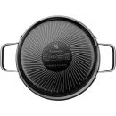 Schwarzer WMF Fusiontec Kochtopf mit Edelstahlgriffen, Bodenansicht, Induktion geeignet, Made in Germany.