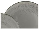 Zwei graue Keramikteller mit gesprenkeltem Muster, modernes Geschirr-Design, Detailaufnahme.