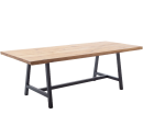 Rechteckiger Esstisch aus Holz mit schwarzem Metallgestell, moderner Industriestil, robust und zeitlos.