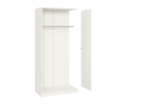 Weißer Kleiderschrank mit geöffneter Tür, Kleiderstange und modernem, minimalistischem Design.