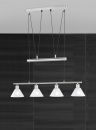 Moderne Pendelleuchte aus Edelstahl mit vier weißen Lampenschirmen, ideal für Esszimmer oder Küche.