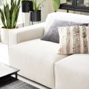 Helles Sofa mit Zierkissen, moderne Zimmerpflanzen und Tageslicht in stilvollem Wohnzimmer-Interieur.