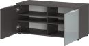 Moderner, grauer TV-Schrank mit offenen Fächern und zwei geöffneten Türen, ideal für Wohnzimmer-Aufbewahrung.
