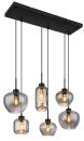 Moderne Hängelampe mit sechs rauchgrauen Glaslampenschirmen und sichtbaren LED-Glühbirnen, Industrial Design.