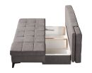 Graues Schlafsofa mit aufgeklappter Sitzfläche und sichtbarem Bettkasten zur Aufbewahrung, moderne Polsterung.