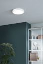 Moderne LED-Deckenleuchte leuchtet in stilvollem Badezimmer mit Regal, Handtüchern und grüner Wand.