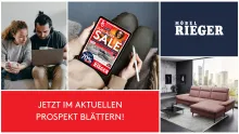 Bildcollage mit einer Person, die ein Tablet mit dem digitalen Jubiläums-Sale-Prospekt von Möbel Rieger hält, daneben ein modernes Wohnzimmer mit rosafarbenem Sofa. Unten links steht: „Jetzt im aktuellen Prospekt blättern!“