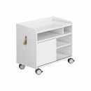 Weißer Rollwagen mit offenen Fächern, Schiebetür und Griff, ideal als mobiler Stauraum im Büro.