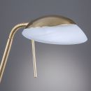 Moderne Schreibtischlampe aus Messing mit gebogenem Arm und weißem Lampenschirm vor grauem Hintergrund.
