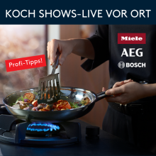 Kochshow vor Ort: Profi brät Gemüse in Pfanne, Marken Miele, AEG, Bosch, Profi-Tipps, Gasherd, Live-Kochen
