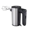 Elektrischer Handmixer aus Edelstahl und Schwarz mit Rührbesen, Geschwindigkeitsregler und Netzkabel.