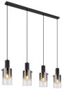Moderne schwarze Pendelleuchte mit vier klaren Glaslampenschirmen, ideal für Esszimmer oder Küche.