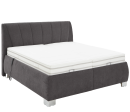 Modernes Boxspringbett mit grauem Stoffbezug, hohem Kopfteil und weißer Matratze auf stabilem Untergestell.