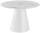 Runder Beistelltisch mit weißer Marmor-Optik Tischplatte und konischem, weißem Standfuß, modernes Design.