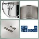 Edelstahl Kochtopf mit Messskala, Kela-Logo, Induktionssymbolen und hitzebeständigem Boden, 0,6 mm Stärke.