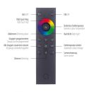 Schwarze Fernbedienung mit RGB-Touchring, Tasten für Dimmen, Farbtemperatur, Szenensteuerung und Gruppeneinstellungen.