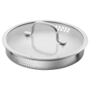 Edelstahl-Topfdeckel mit integriertem Abgießsieb und Griff, ideal für Kochen und Abgießen von Nudeln.