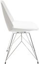 Moderner weißer Stuhl mit Metallbeinen, seitliche Ansicht, minimalistisches Design, geeignet für Esszimmer oder Büro.