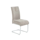 Moderner Freischwinger-Stuhl mit beige-grauem Cordbezug und weißem Metallgestell, Esszimmerstuhl Design.