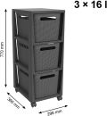 Schwarzer Rollcontainer mit drei herausnehmbaren 16-Liter-Körben, Maße: 770x366x296 mm, ideal zur Aufbewahrung.
