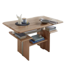 Moderner, rechteckiger Holztisch mit Dekoration, Büchern und Geschirr, ideal als Wohnzimmertisch.