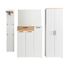 Modernes Flurmöbel-Set in Weiß mit Spiegel, Garderobe, Schuhschrank und Hochschrank, minimalistisches Design.