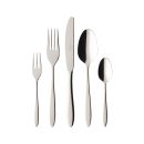 Villeroy & Boch 30-tlg.Tafelbesteck Annalena Fünfteiliges Edelstahl-Besteckset mit Gabel, Messer, Löffel, Kuchengabel und Teelöffel auf weißem Hintergrund.