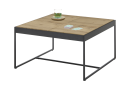 Moderner Couchtisch aus Holz und Metall mit Glas, Untersetzer und Spielkarten auf der Tischplatte.