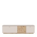 Modernes TV-Lowboard aus Holz in Eiche-Optik mit zwei Tu00fcren und zwei Schubladen, minimalistisch, Wohnzimmermu00f6bel.
