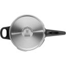Edelstahl-Schnellkochtopf von WMF mit schwarzem Griff, TransTherm-Boden, Aufsicht, Küchenzubehör