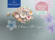 Bouquet aus Porzellantellern, Villeroy & Boch Fleur Kollektion, pastellfarbener Hintergrund, Gewinnspiel-Hinweis