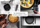 Vier Bilder zeigen eine Pfanne mit abnehmbarem Griff beim Kochen, Reinigen und platzsparenden Verstauen.