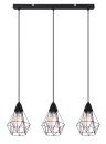 Moderne schwarze Pendelleuchte mit drei geometrischen Lampenschirmen im Industrial Design, LED-kompatibel.