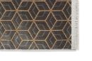 Moderner Teppich mit braunem, geometrischem Würfelmuster auf dunklem Grund und hellem Fransenrand, Nahaufnahme.