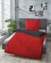 Rote Bettwäsche-Garnitur mit Kissen und Decke, Oberseite rot, Unterseite anthrazit, moderne Schlafzimmer-Deko.