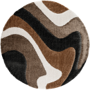 Runder Teppich mit abstraktem Muster in Braun, Schwarz, Weiß und Beige, moderner Wohnaccessoire-Stil.