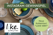 Tisch mit blau-grünem Geschirr, Limetten und Instagram-Gewinnspiel zur neuen „LAVE VERT“-Kollektion.