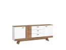 Modernes Sideboard aus Holz in Weiß und Eiche mit drei Schubladen und zwei Türen, skandinavisches Design.
